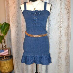 Aeropostale Denim Lace-Up Fit & Flare Mini Dress Smocked Back Adjustable Straps